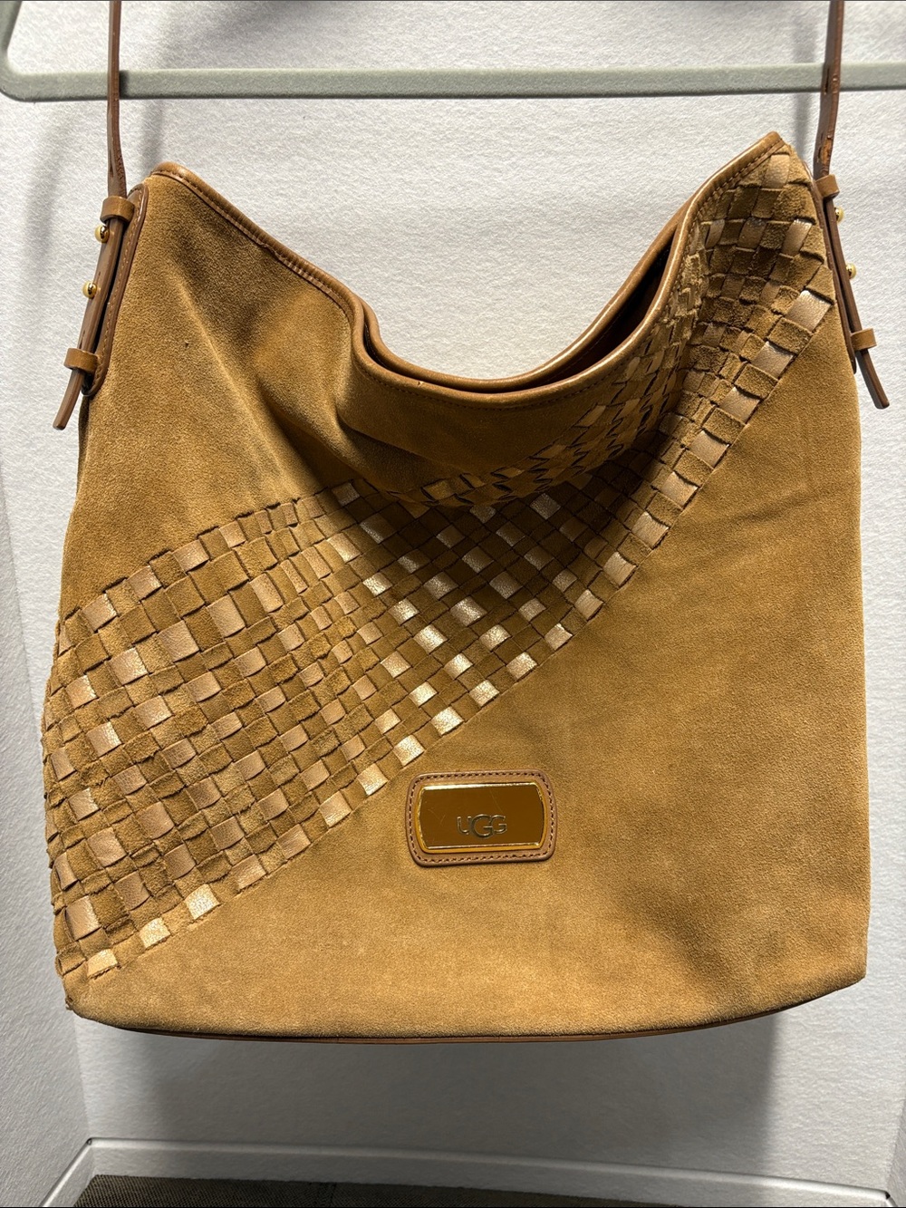UGG Camel Suede & Leather Woven Shoulder Bag